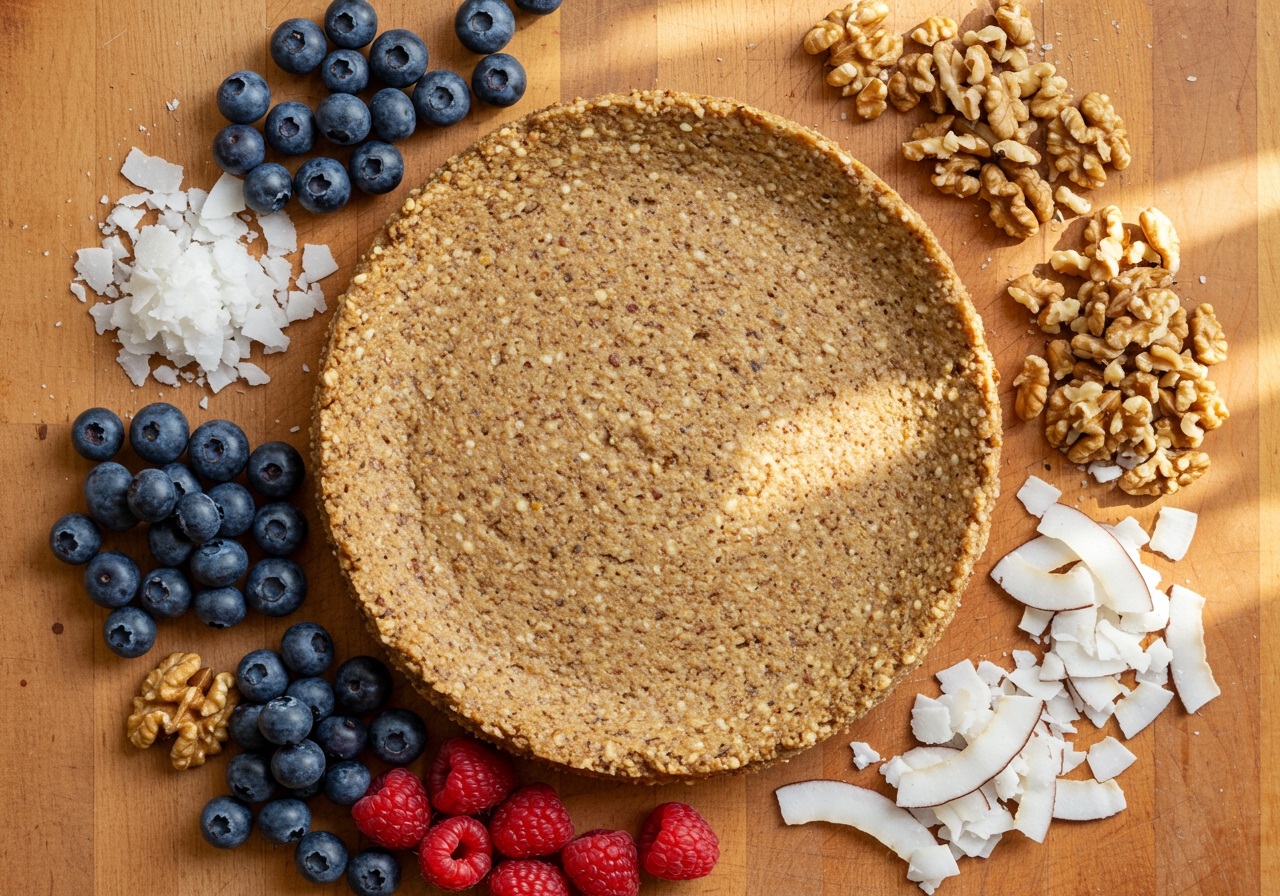 Overhead shot of the healthy cake base, perhaps with some healthy ingredients used in the recipe scattered around it.