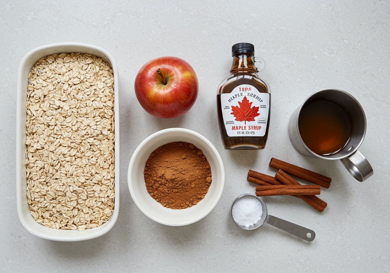 Overhead shot of the ingredients for healthy oatmeal with apples laid out on a clean kitchen counter: rolled oats, a fresh apple, cinnamon sticks, a small bottle of maple syrup, and a measuring cup.