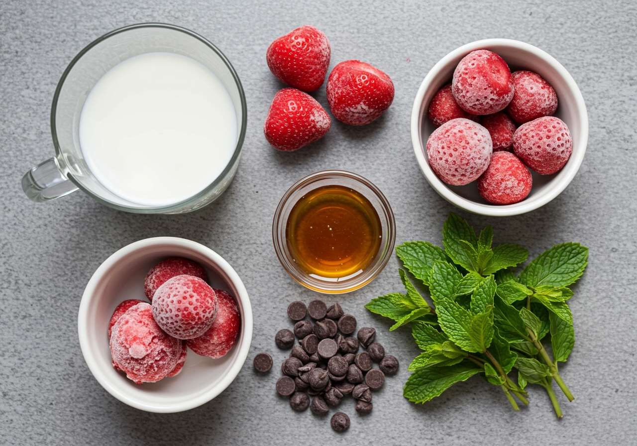 Overhead shot of the simple ingredients laid out for making easy mint chocolate chip strawberry ice cream: frozen strawberries, milk (in a glass), honey/maple syrup (in a small bowl), fresh mint leaves, and chocolate chips. Everything looks fresh and ready.