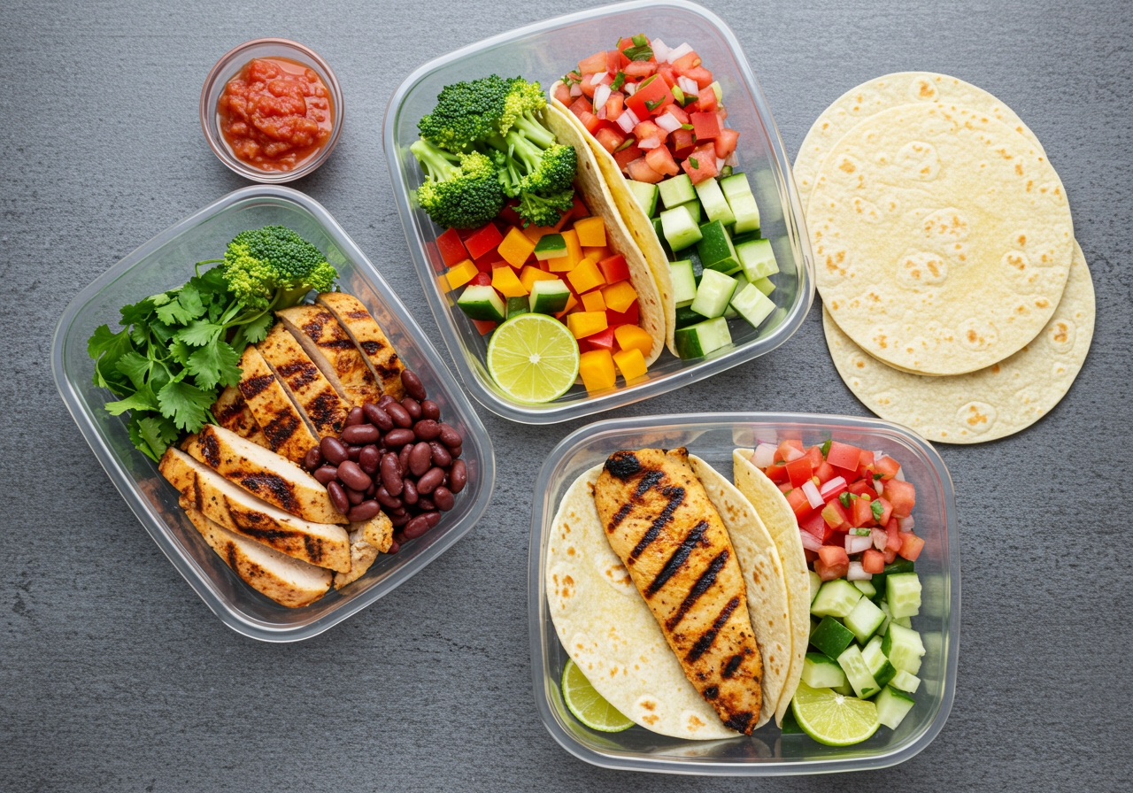 Overhead shot of three meal prep containers, each filled with components for healthy tacos: one with grilled chicken and beans, one with cut vegetables and salsa, and one with corn tortillas