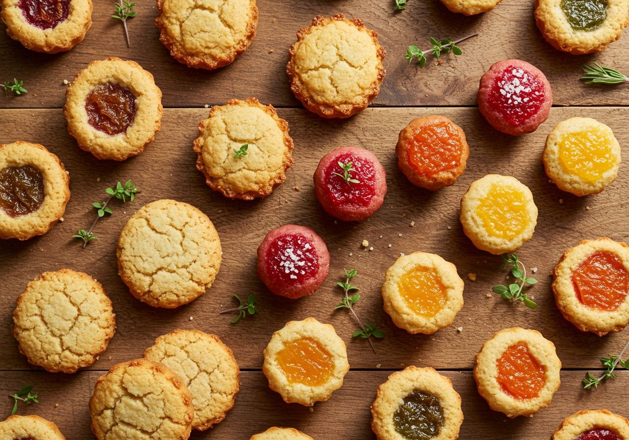 Overhead shot of various small low-temperature air fryer baked goods like cookies and fruit bites