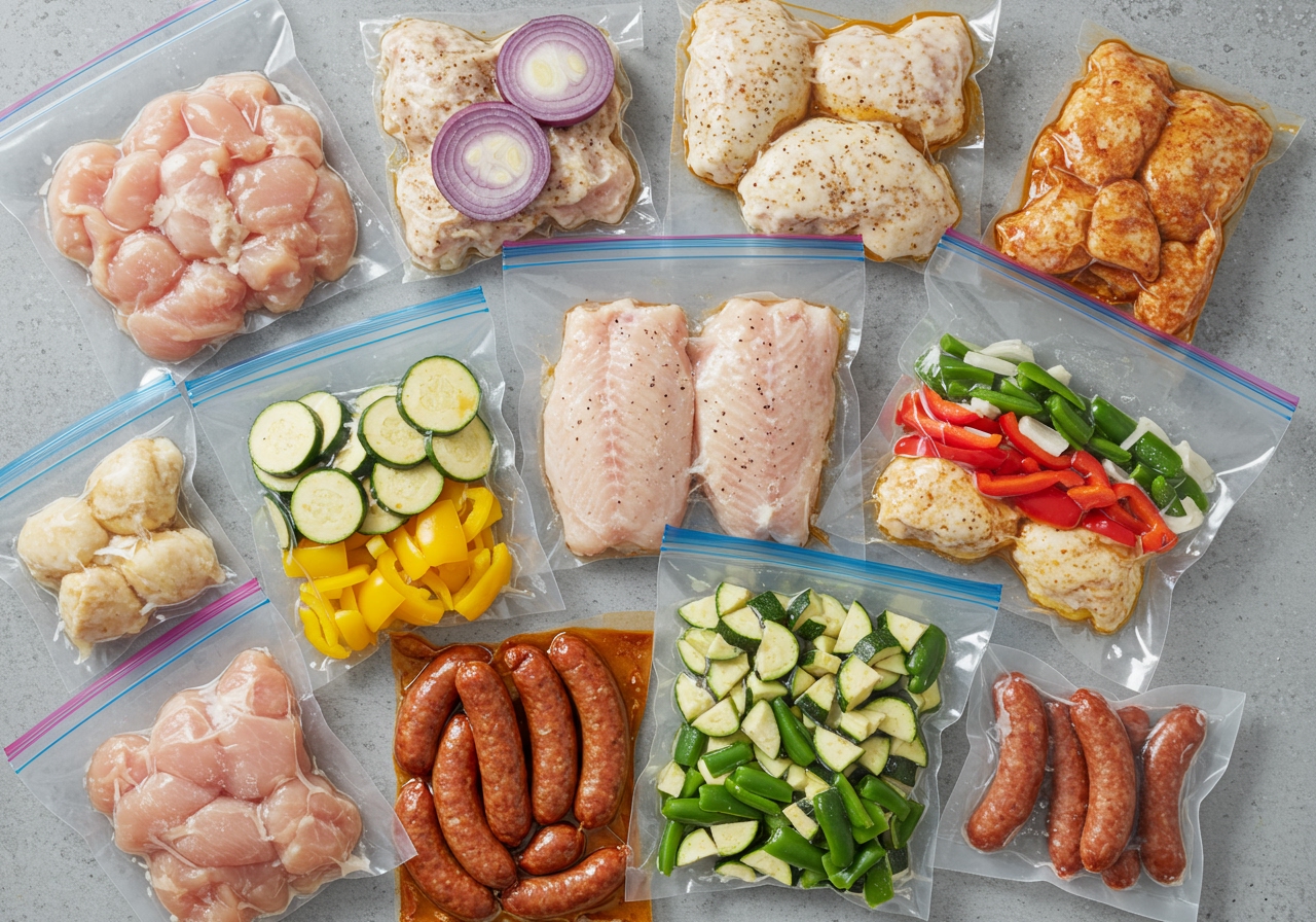 Overhead shot of various types of pre-seasoned ingredients packed flat in freezer bags, ready for sheet pan cooking. Include chicken and vegetables, fish and vegetables, maybe sausage and peppers, all clearly labeled.