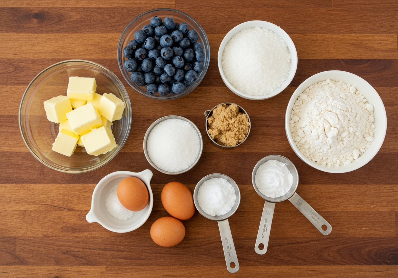 Overhead shot showing all the ingredients for blueberry cookies neatly arranged on a wooden table.
