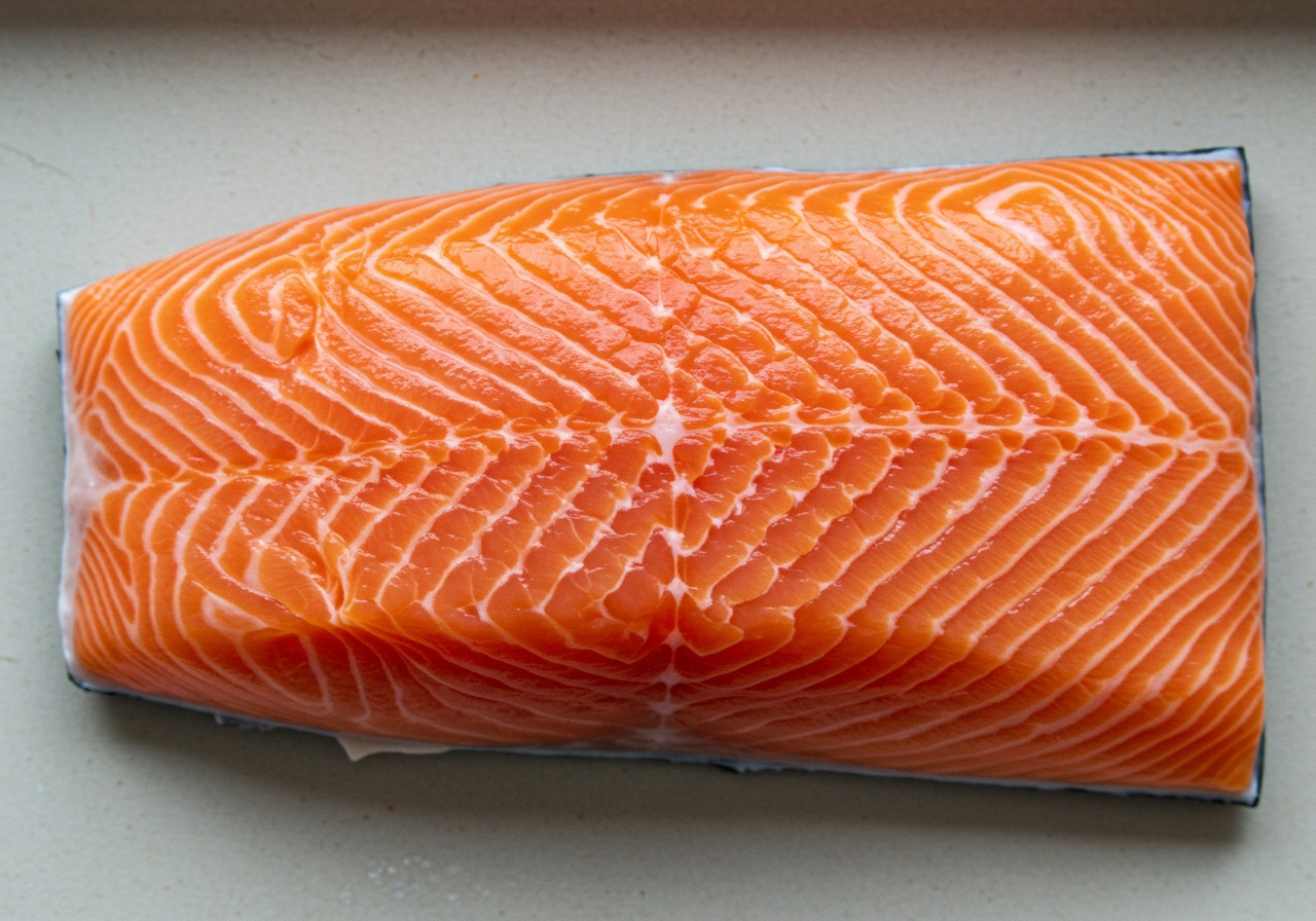 Overhead view of a salmon fillet showing its texture and color