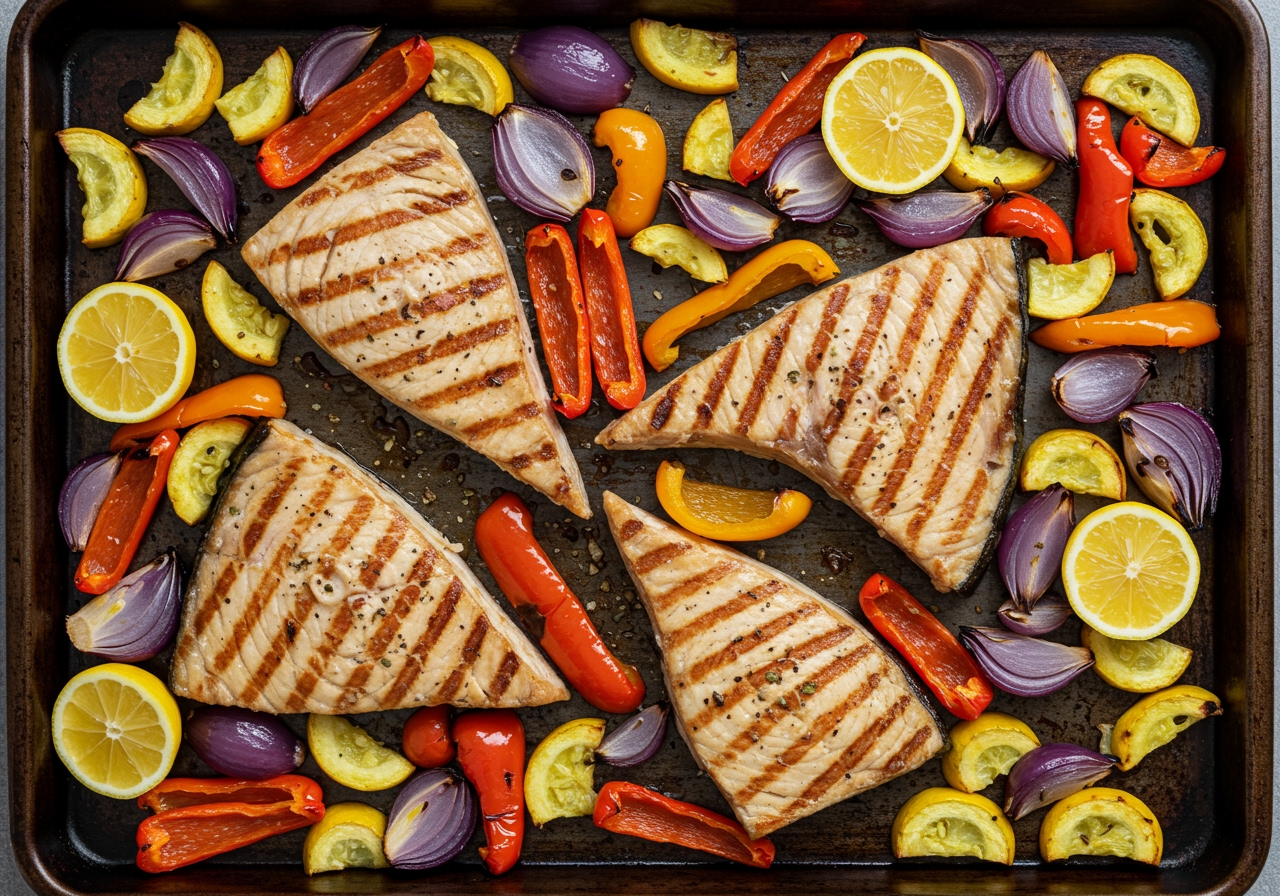 Overhead view of a sheet pan meal with grilled swordfish steaks and roasted colorful vegetables, garnished with lemon wedges.