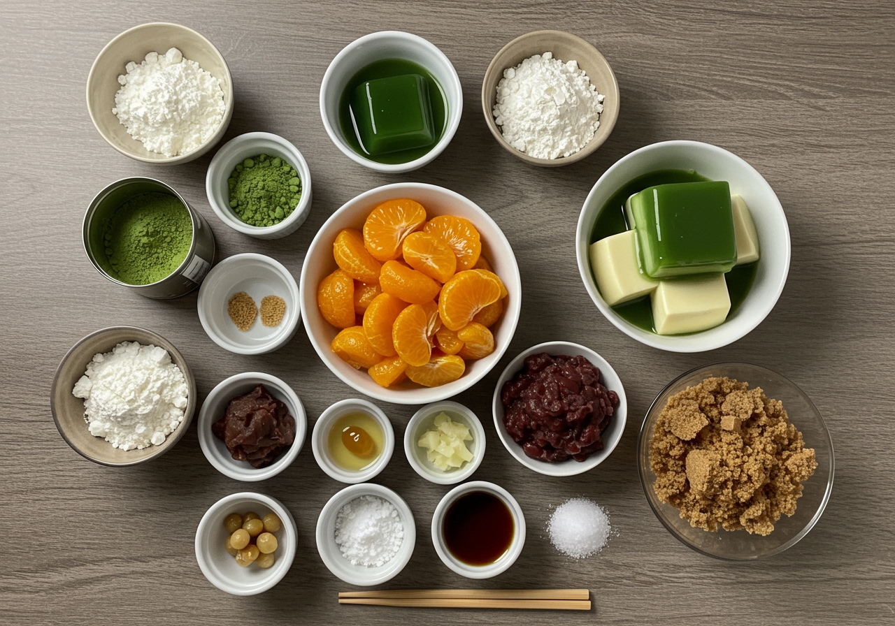 Overhead view of all the ingredients for Matcha Anmitsu laid out neatly on a table: powdered agar, matcha powder, shiratama flour, brown sugar, canned mandarin oranges, red bean paste, and other toppings.