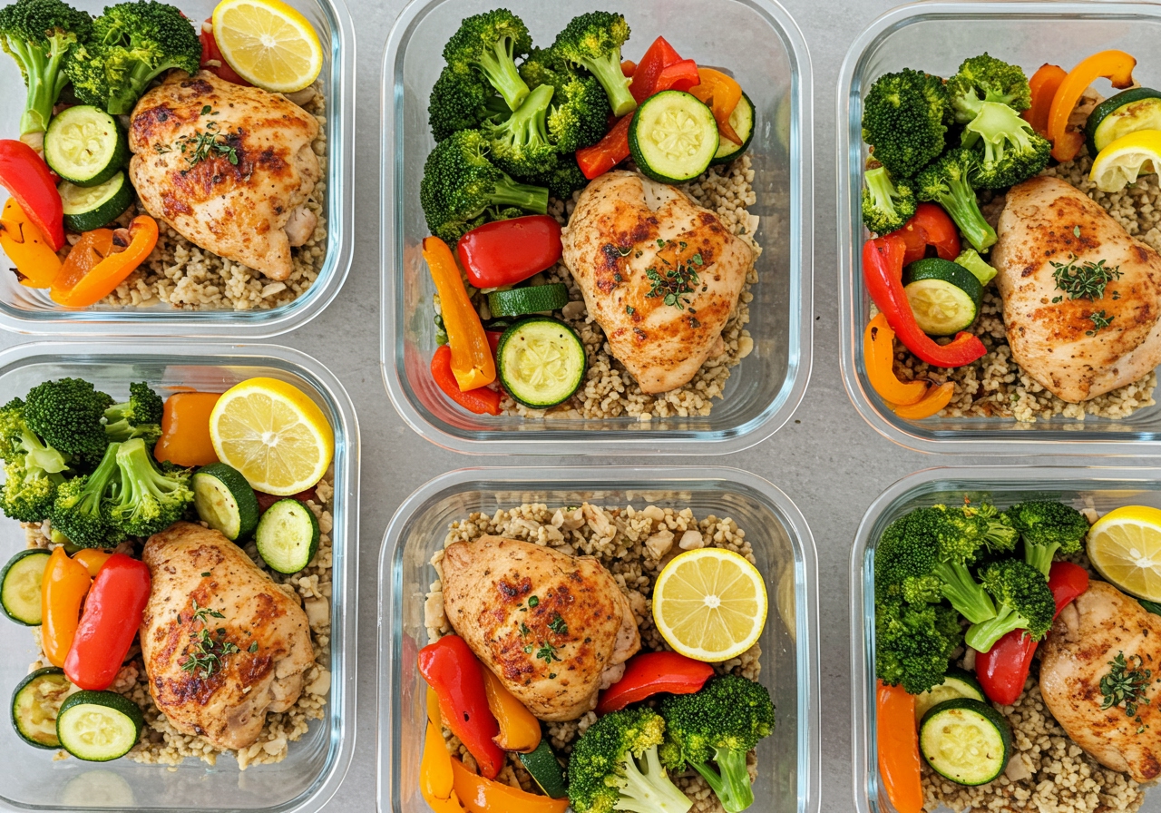Overhead view of several glass meal prep containers filled with portions of the healthy chicken sheet pan meal, stacked neatly.