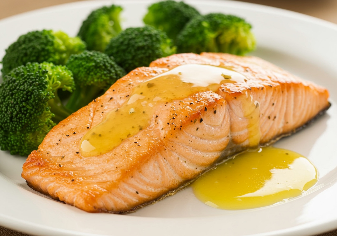 Pan-seared salmon with lemon butter sauce on a plate, with a side of broccoli