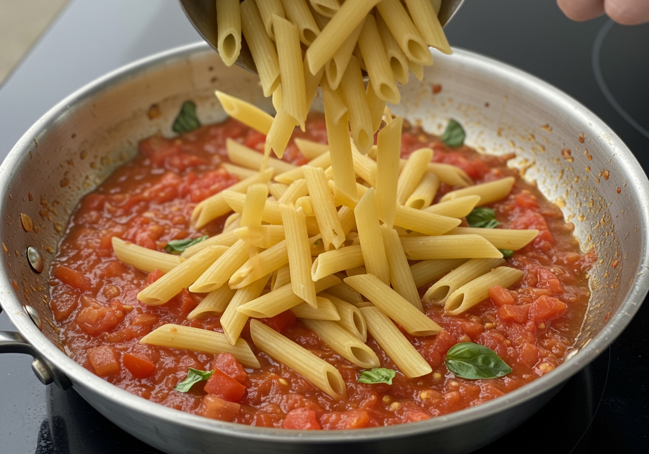 Penne pasta being added to the healthy tomato sauce in a pan, ready to be mixed.