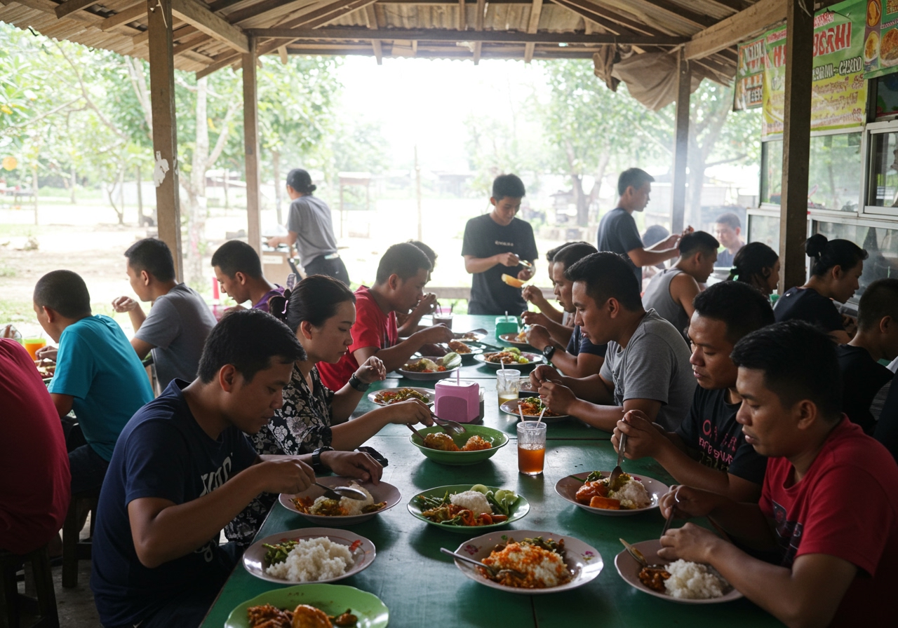 People enjoying plates of Nasi Campur at a busy local Warung (food stall) in Indonesia, capturing the vibrant atmosphere.