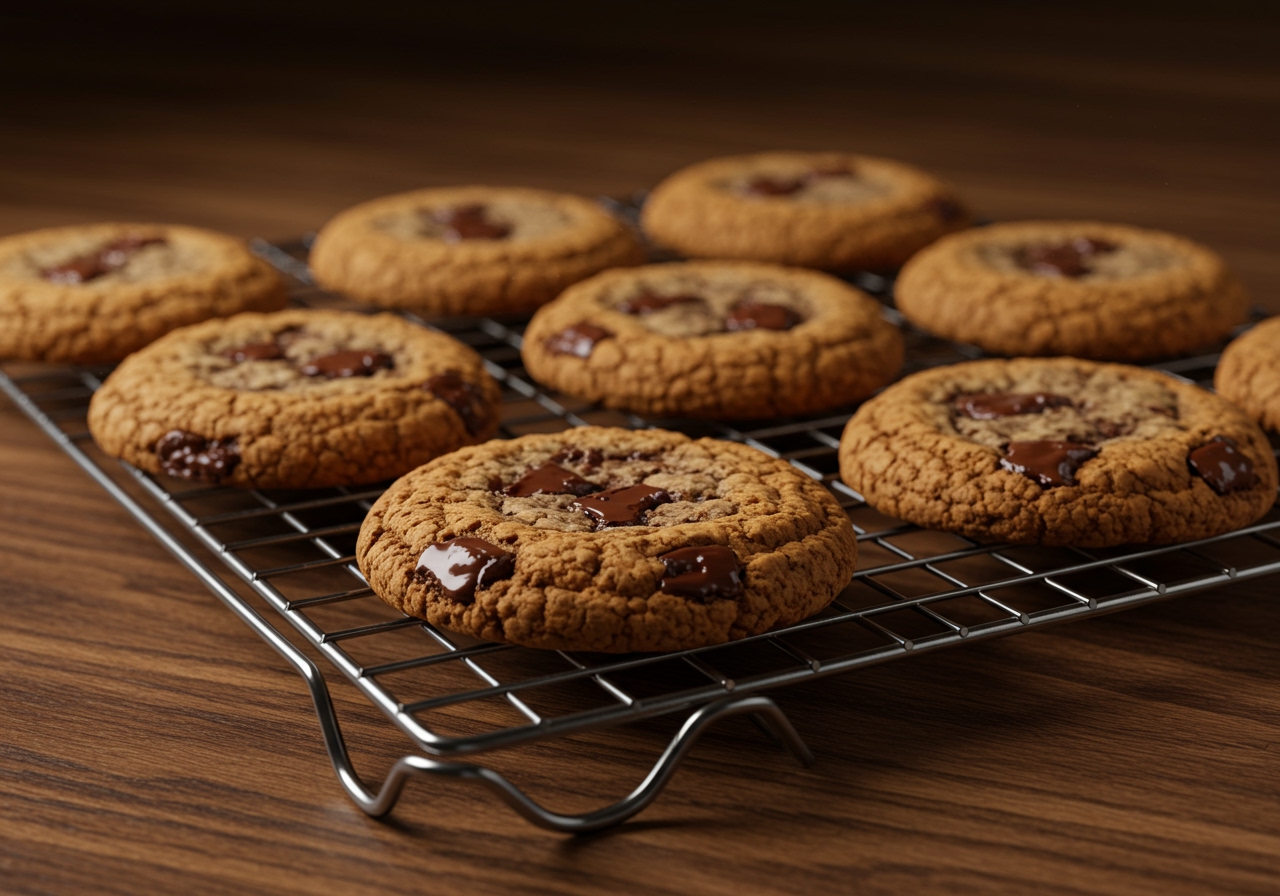 Perfectly baked chocolate cookies cooling on a wire rack.