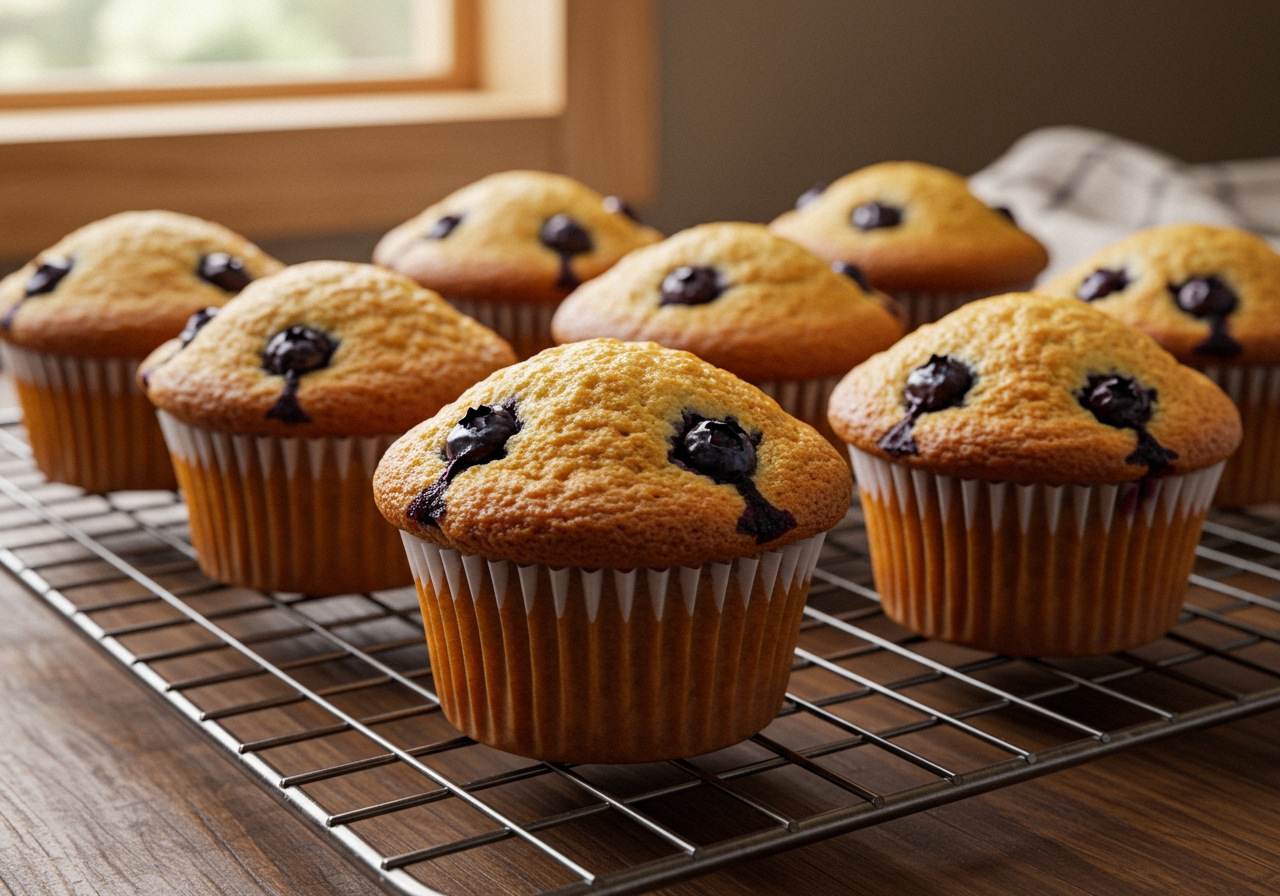 Perfectly baked golden-brown blueberry muffins, cooling on a wire rack, with visible, unbled blueberries.