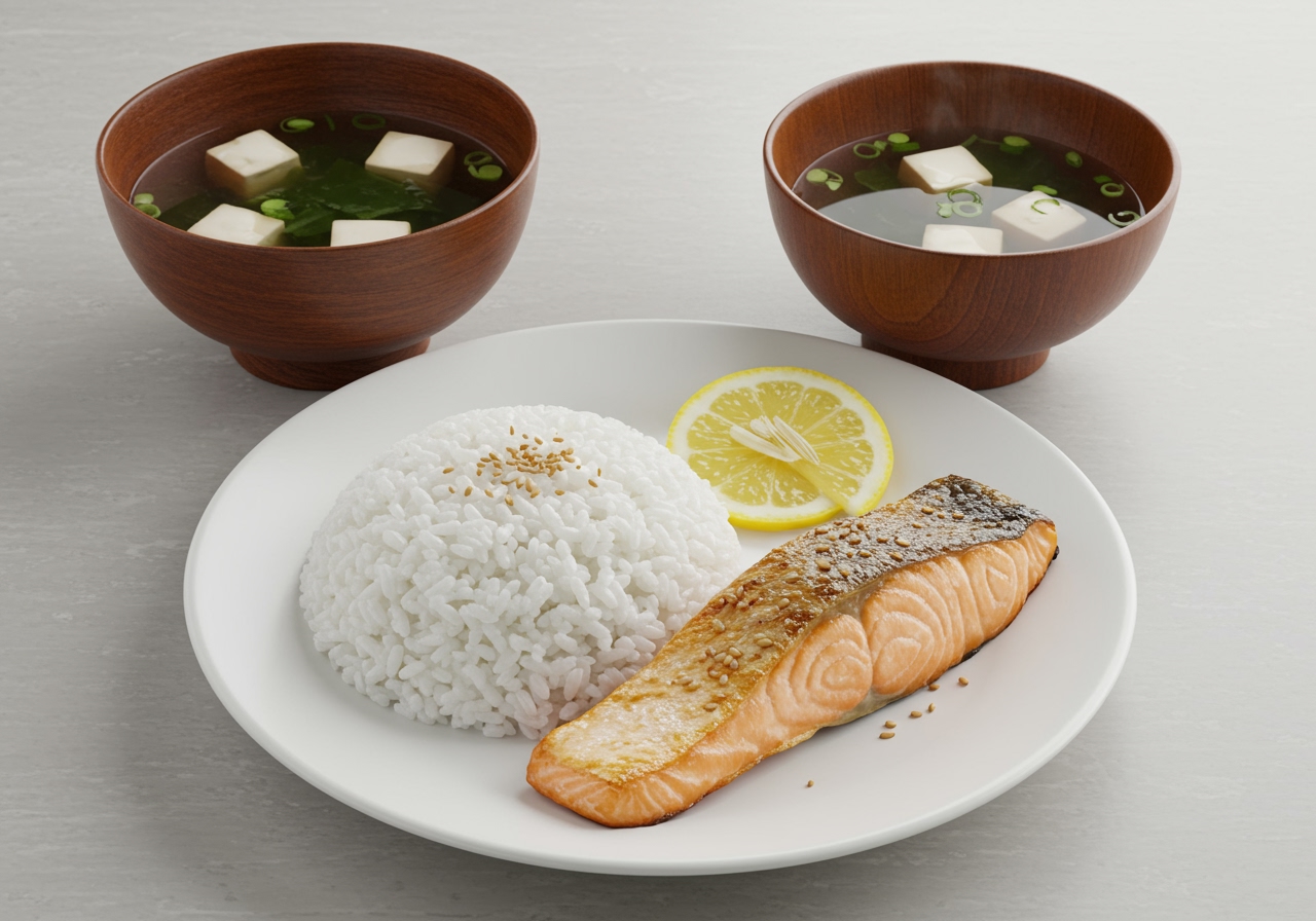 Plate of Japanese style grilled salmon with rice and miso soup
