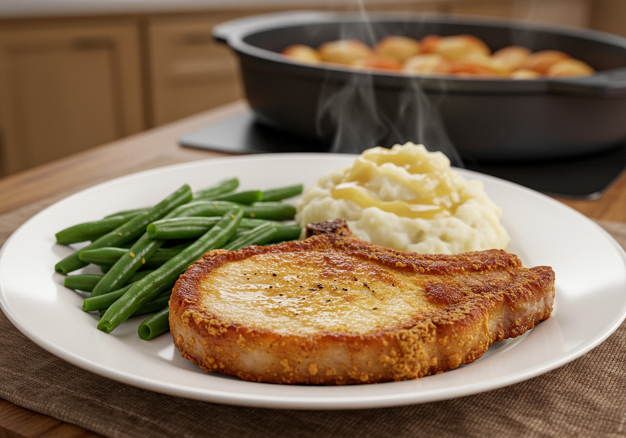 Plate of oven-baked crispy pork chop served with a side of mashed potatoes and green beans, classic American comfort food style.