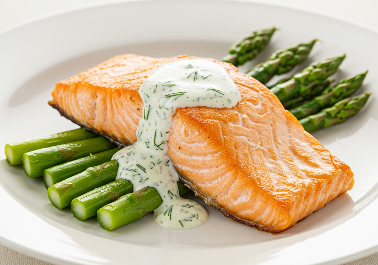 Plate of pan-fried salmon with creamy dill sauce and asparagus