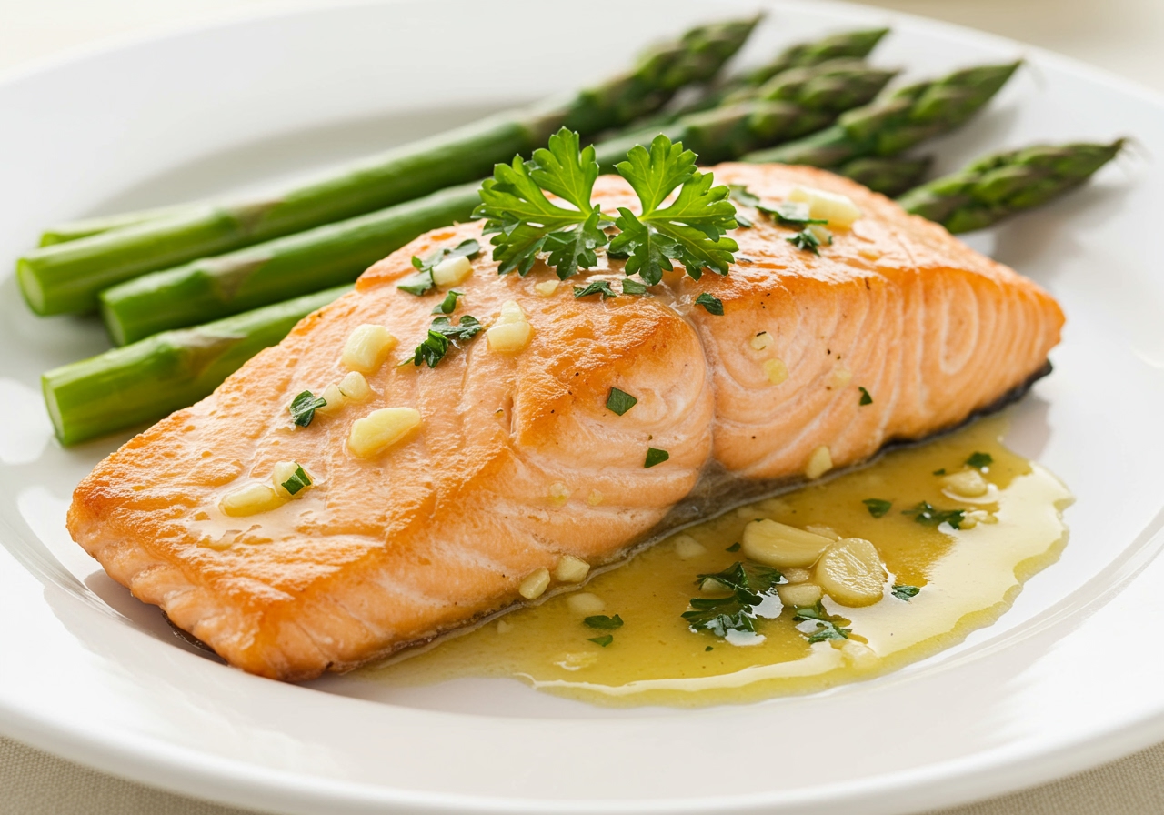 Plate of pan-seared salmon fillet with crispy skin, glistening with butter-garlic sauce, garnished with parsley, served with a side of asparagus on a white plate.