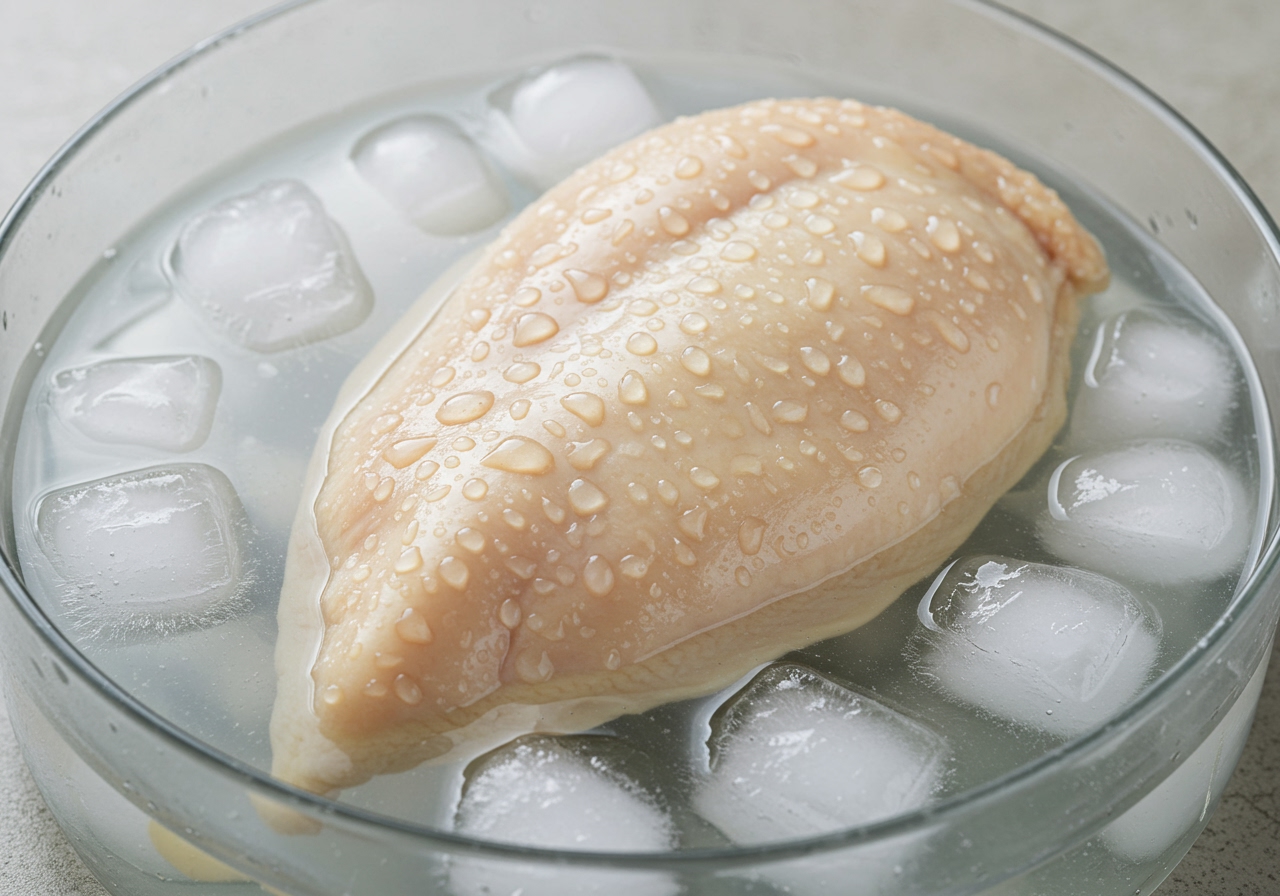 Poached chicken cooling in ice bath or in its broth.
