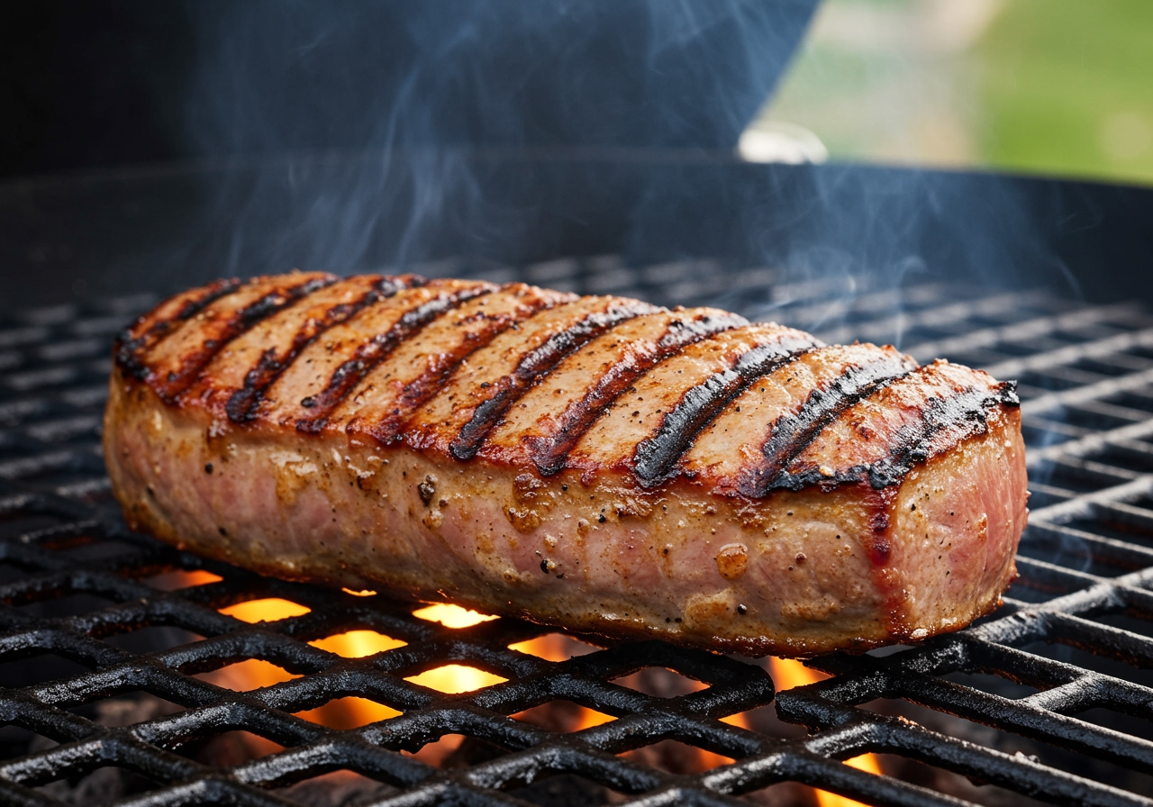 Pork tenderloin grilling on a barbecue, showing nice grill marks.