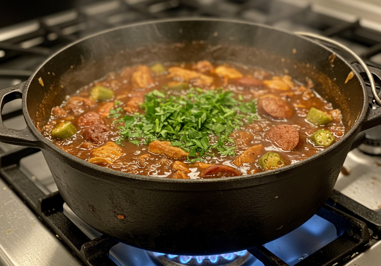 Pot of gumbo simmering on a stove, showing the rich color and texture
