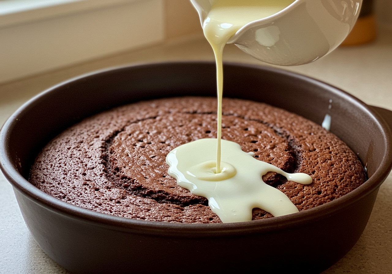 Pouring a milky mixture over a baked cake poked with holes in a baking dish. The liquid is starting to soak in.