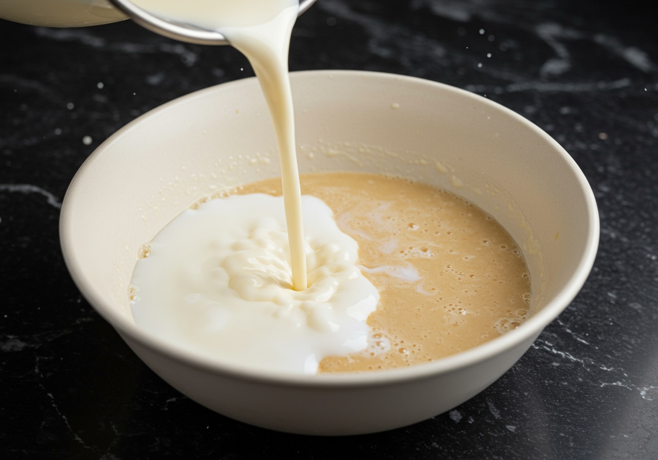 Pouring hot soy milk into a bowl containing the coagulant mixture from a height, showing the stream of liquid.