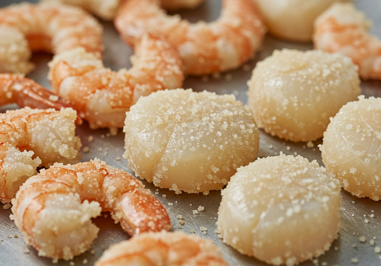 Prepared seafood pieces coated in potato starch, ready for frying