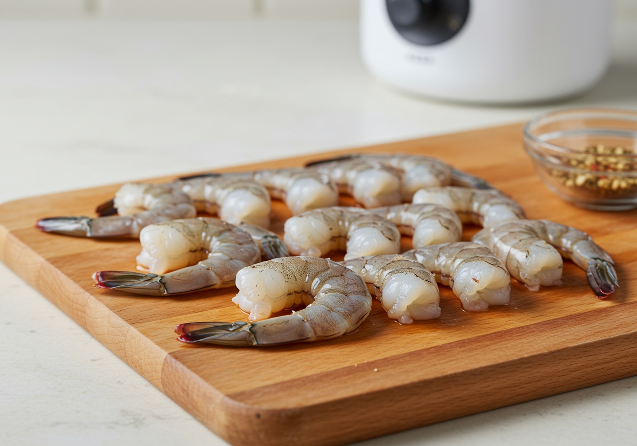 Preparing shrimp for air frying, showing shelled and deveined shrimp on a cutting board, ready to be seasoned.