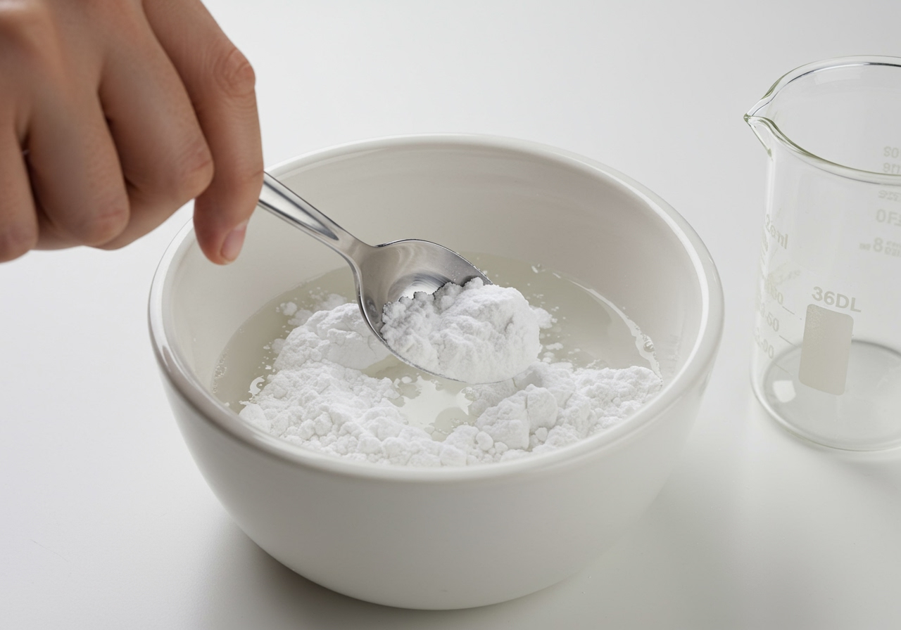 Preparing the coagulant mixture (either gypsum or GDL dissolved in a small amount of water) in a bowl.
