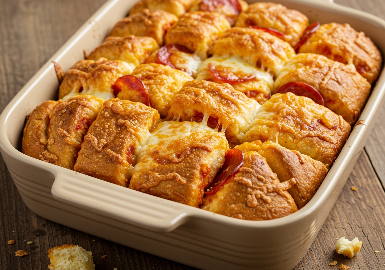Pull-apart bread in a baking dish, freshly baked with golden brown crusts, bubbling cheese, and visible pepperoni pieces.