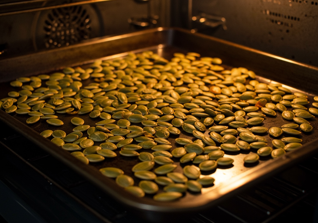 Pumpkin seeds spread on a baking sheet in an oven