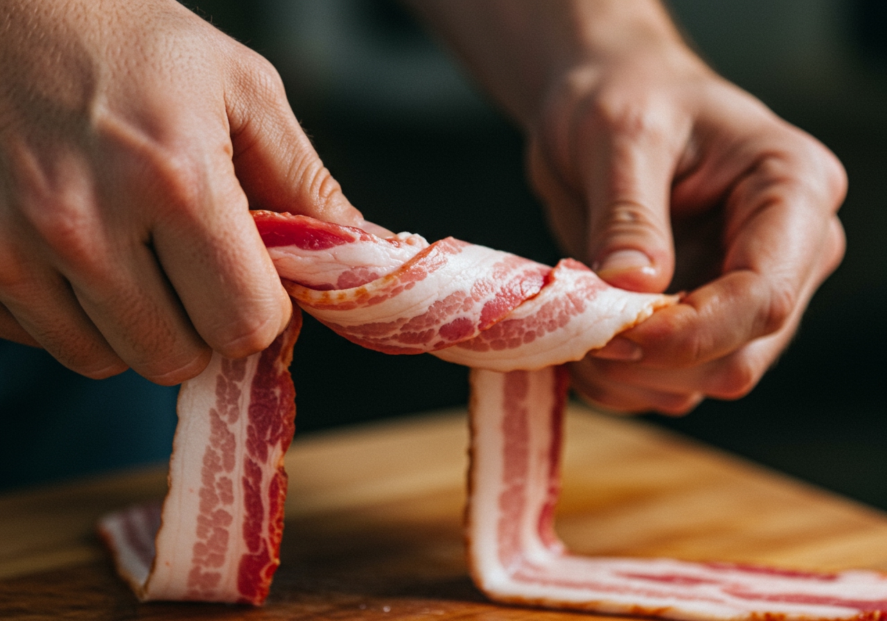 Raw bacon strips being twisted by hands, showing the process.