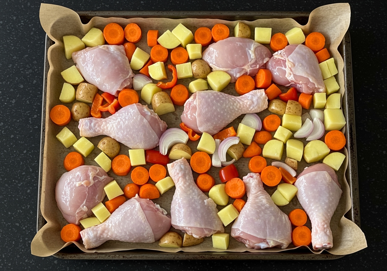 Raw chicken and chopped vegetables evenly spread out in a single layer on a sheet pan, ready for roasting.