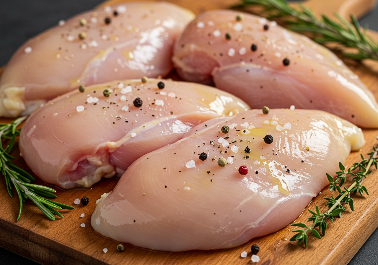 Raw chicken breasts being brushed with olive oil and seasoned with salt and pepper, ready for grilling.