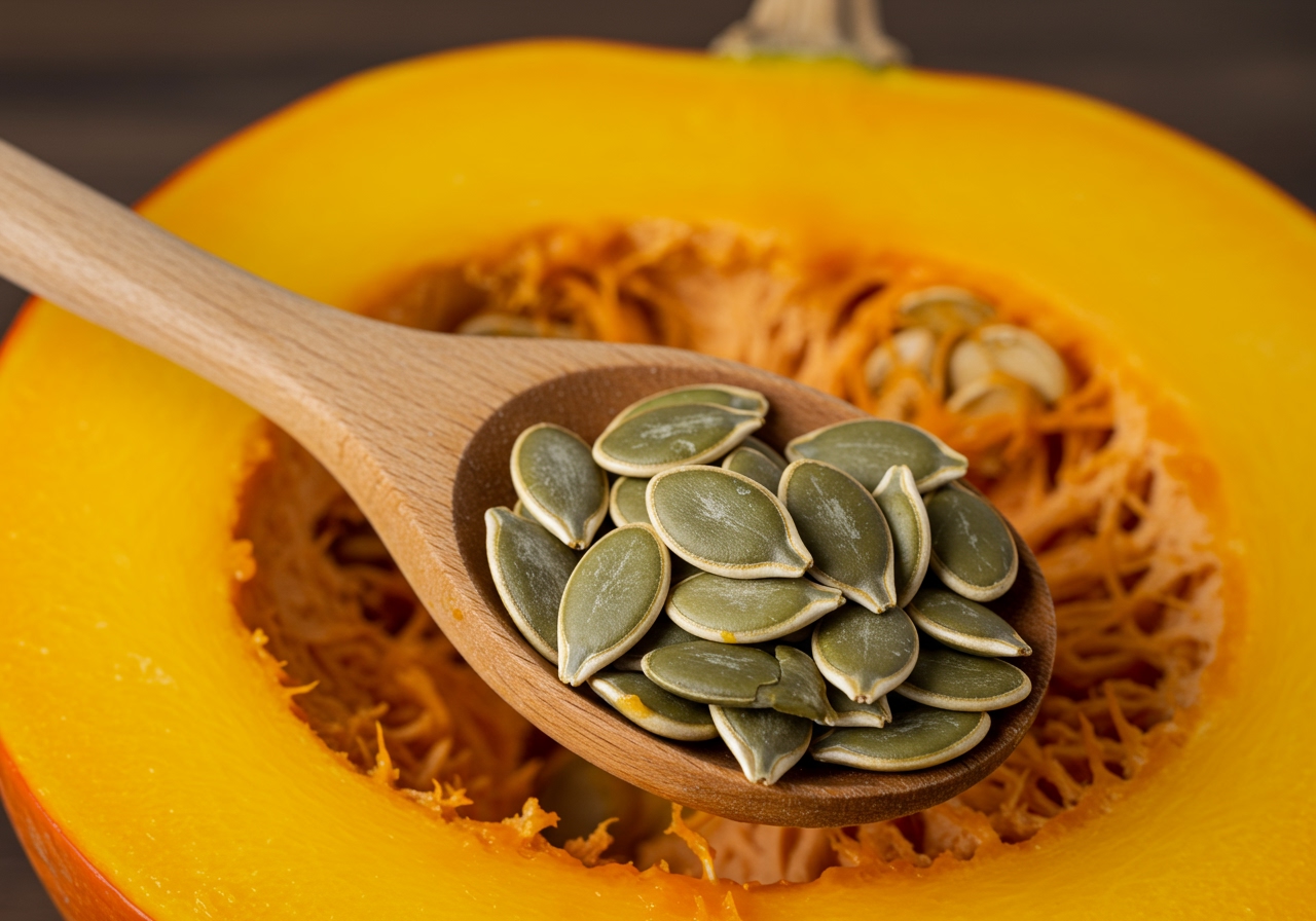 Raw pumpkin seeds being scooped out of a pumpkin