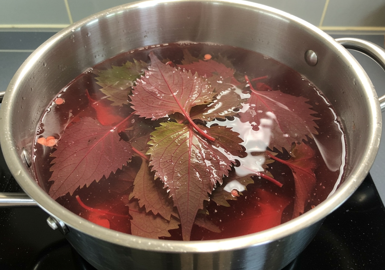 Red shiso leaves boiling in a large pot