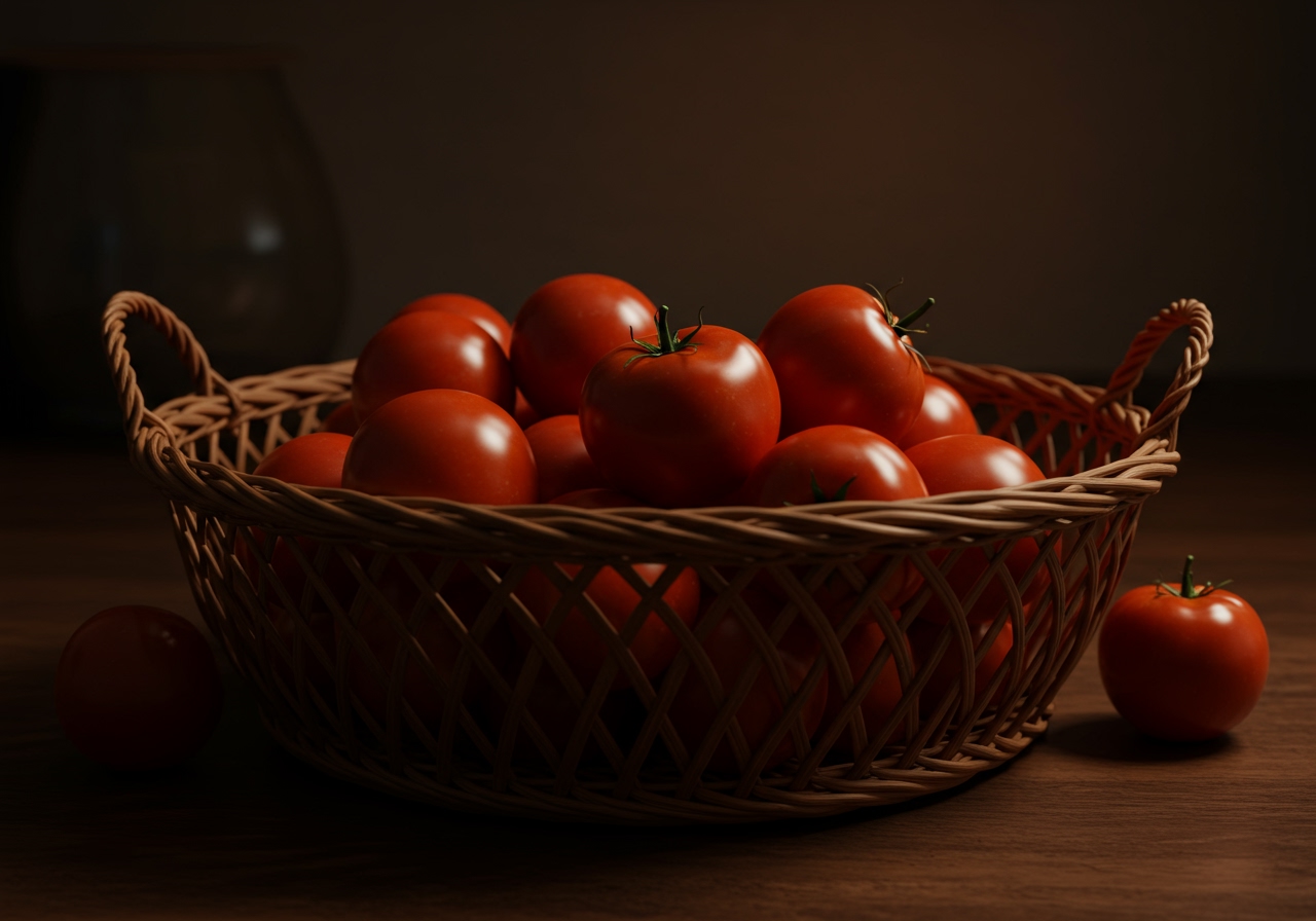 Ripe red tomatoes stored at room temperature in a woven basket, in a cool, dark kitchen.