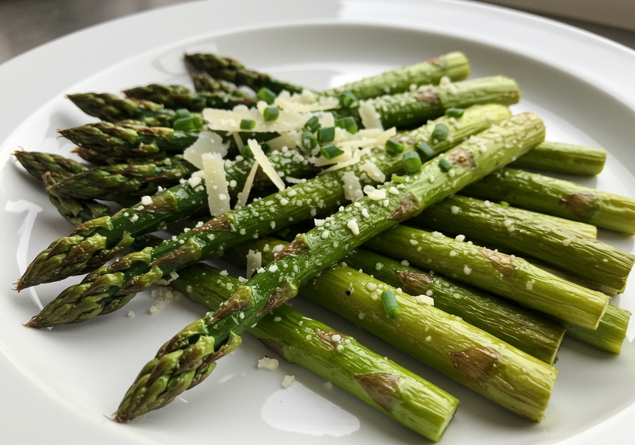 Roasted asparagus spears on a white plate, sprinkled with fresh herbs and parmesan cheese, steam gently rising.