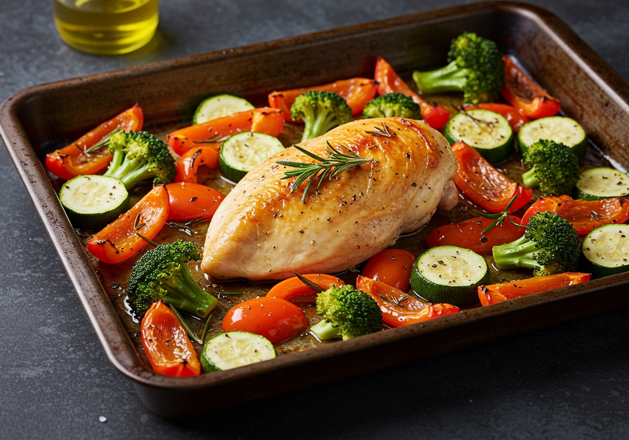 Roasted chicken breast with colorful bell peppers, zucchini, and broccoli seasoned with herbs like rosemary and thyme on a baking sheet.