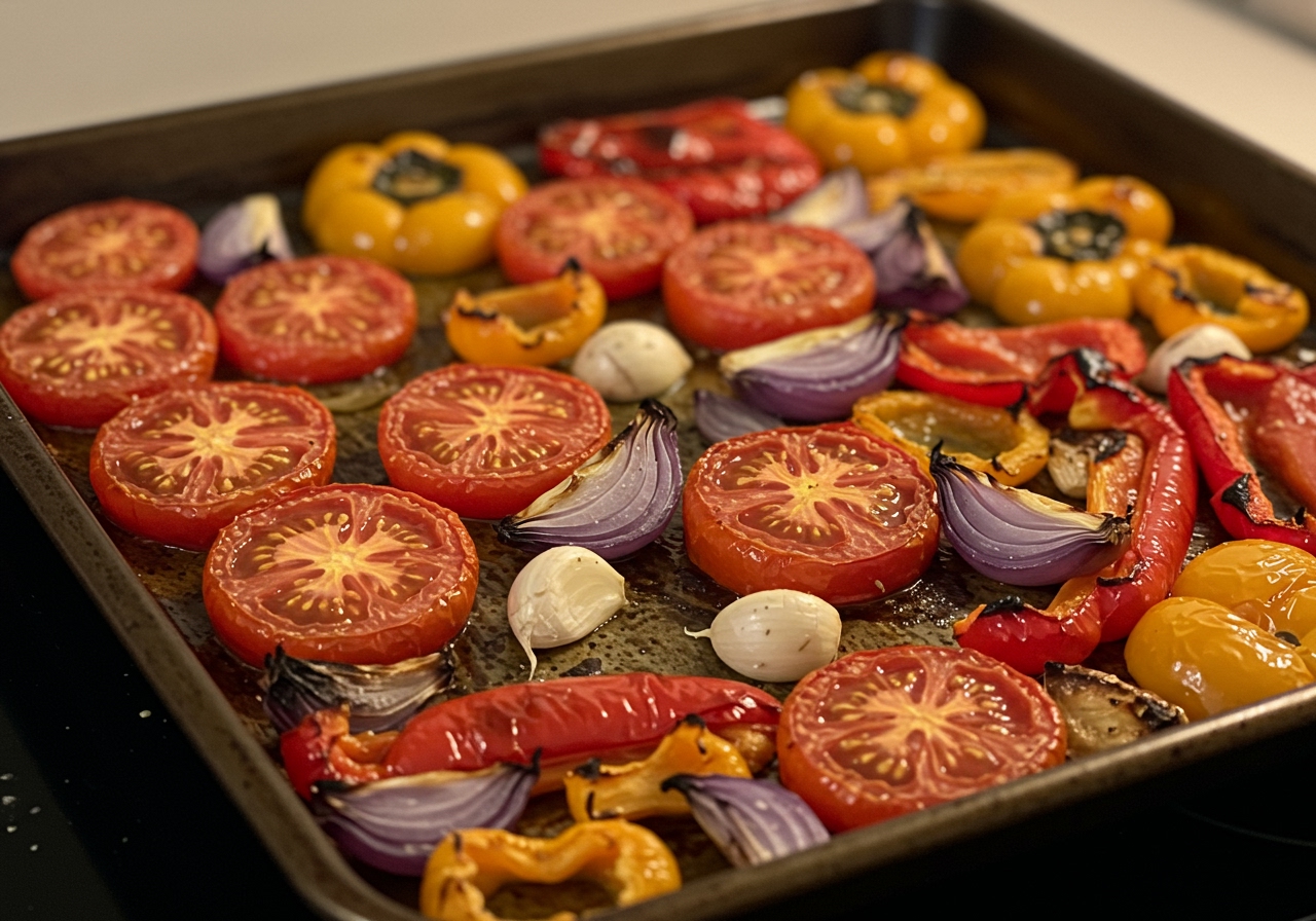 Roasted tomatoes, onions, peppers, and garlic on a baking sheet after being roasted in the oven.