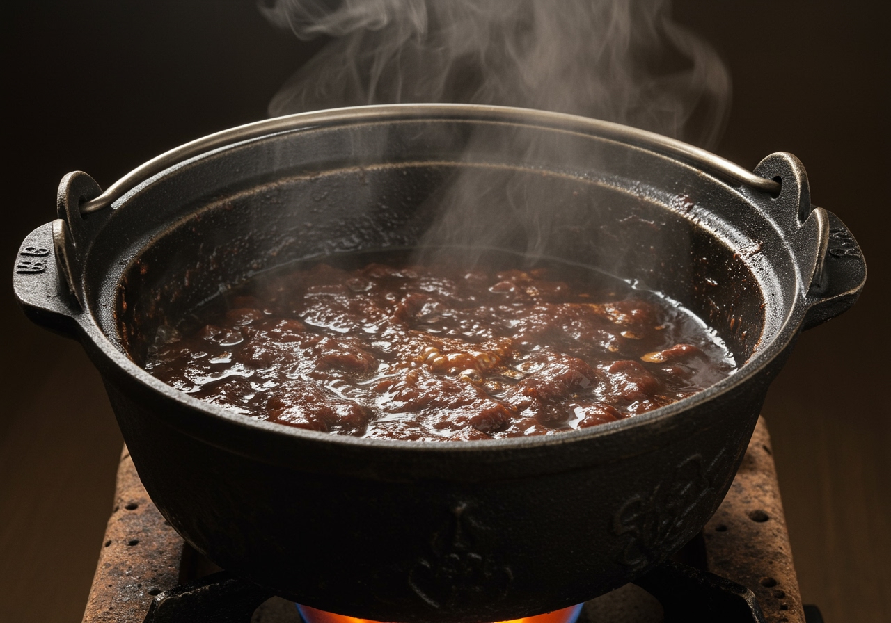Saba Misoni simmering in a pot with a drop lid