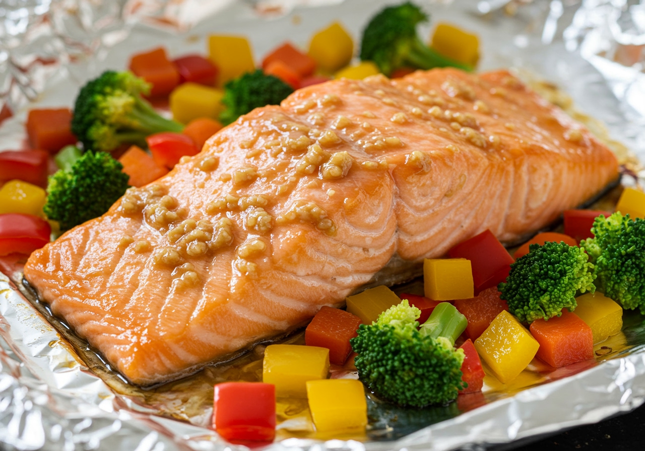 Salmon and chopped vegetables placed on aluminum foil, with the mixed miso butter sauce being applied to the top.