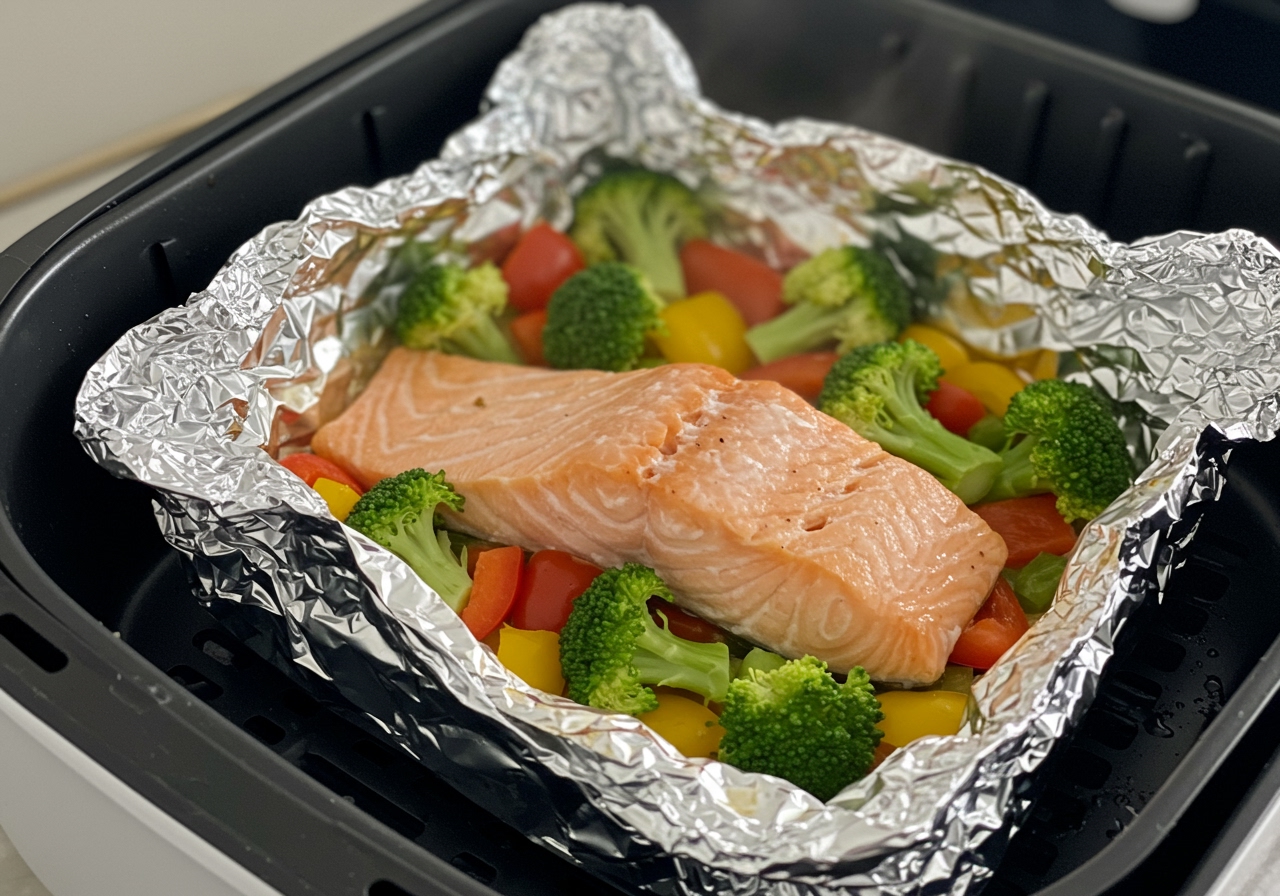 Salmon fillet and chopped vegetables (broccoli, bell peppers) wrapped in foil, just cooked in an air fryer
