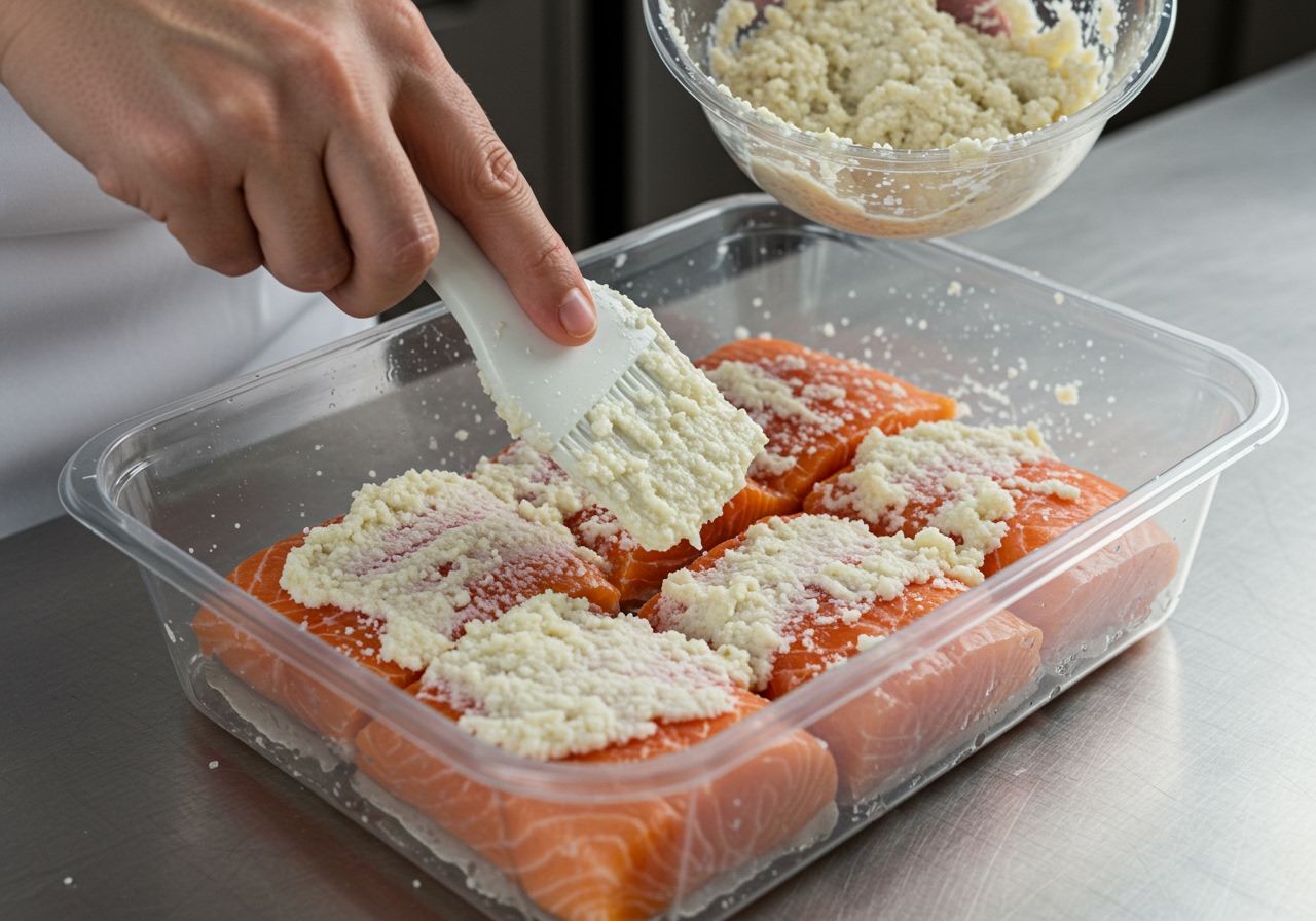 Salmon fillets in a container being covered with salt koji paste.