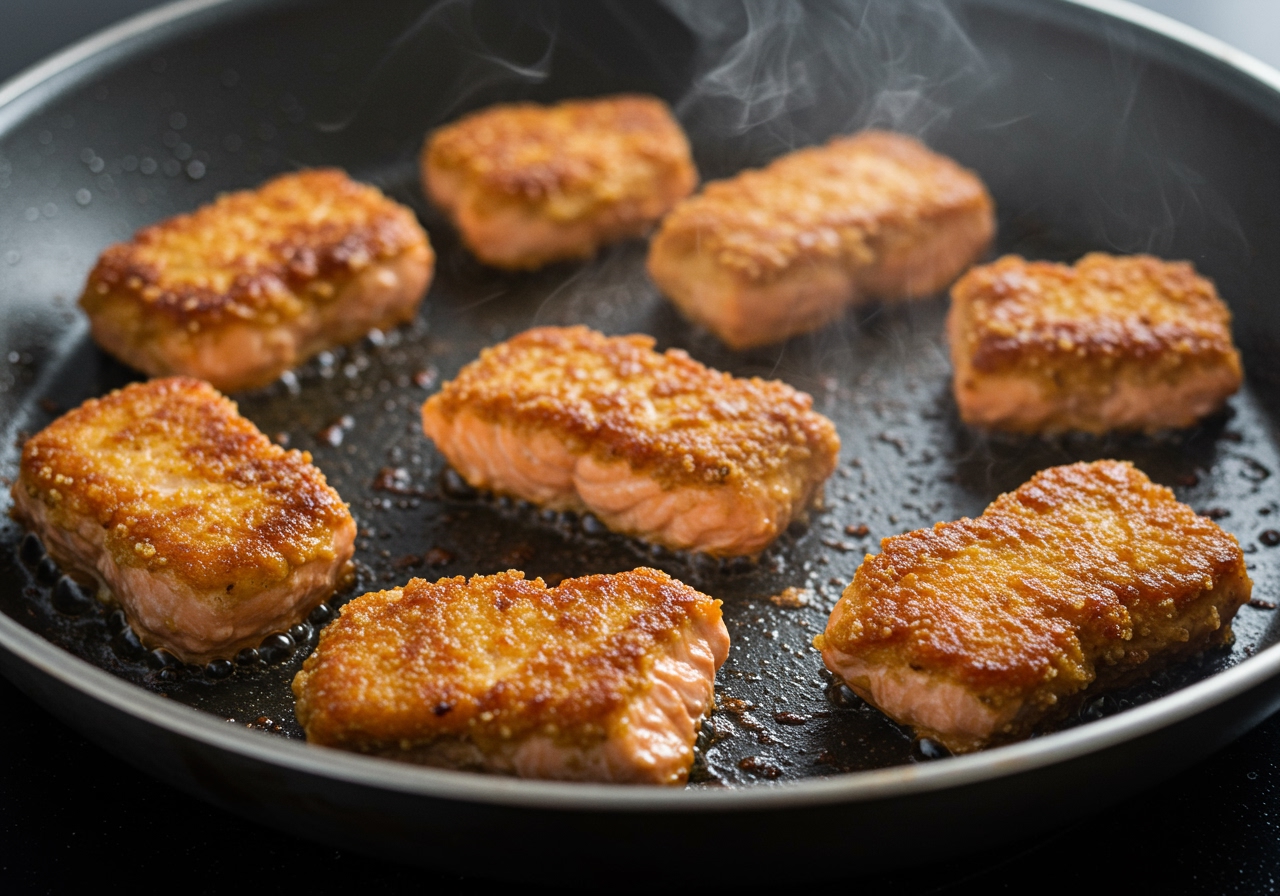 Salmon teriyaki nuggets being cooked in a frying pan, showing a golden brown crust forming.