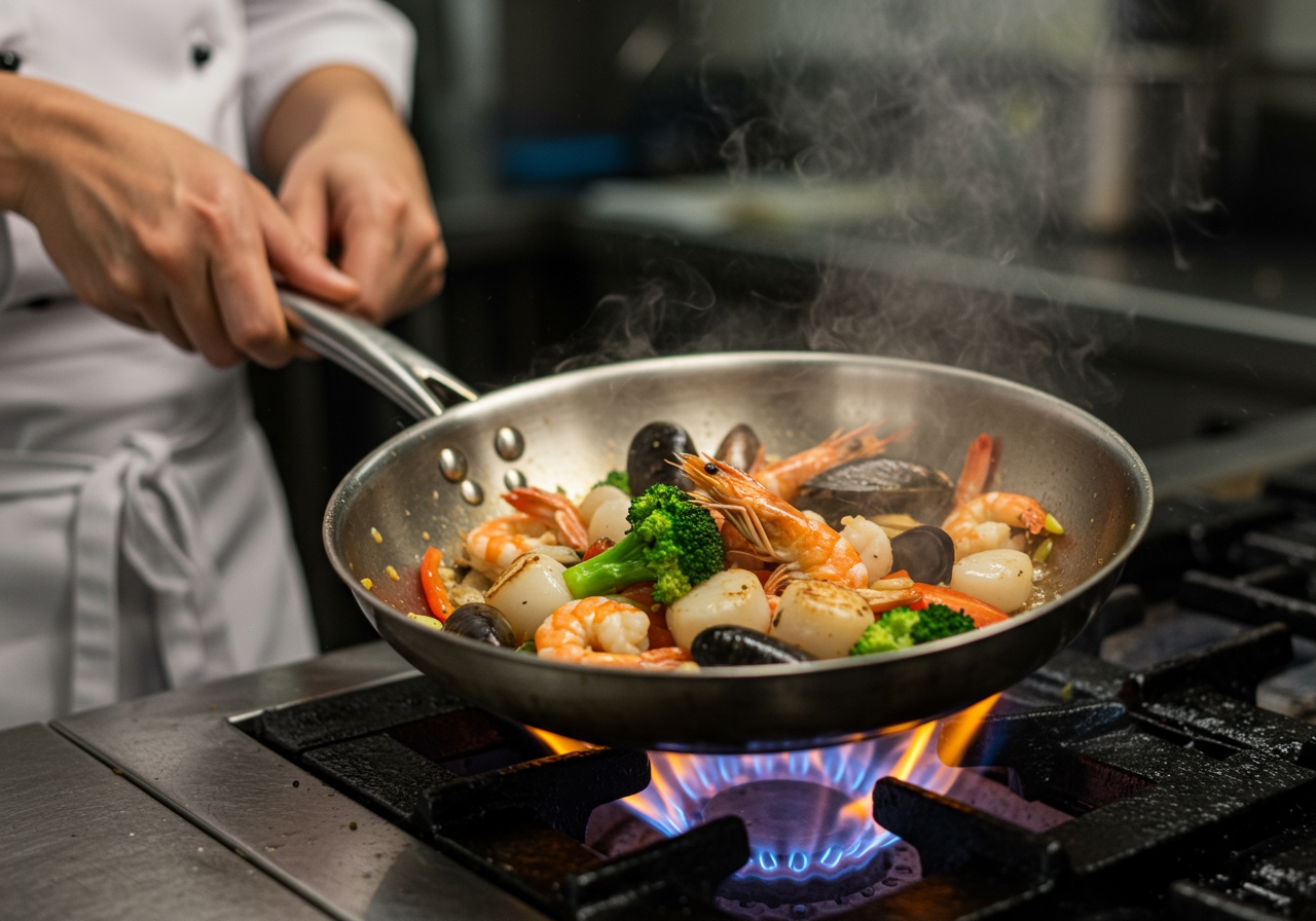 Sautéing seafood and vegetables in a pan