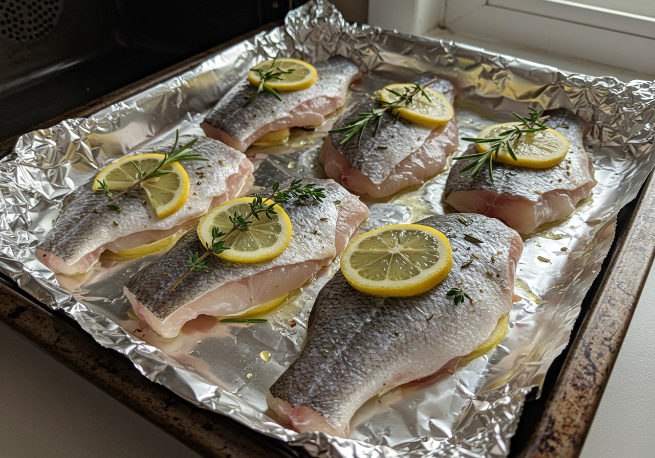 Sea bream fillets arranged on aluminum foil on an oven toaster tray, with lemon slices and herbs on top, ready to be cooked.