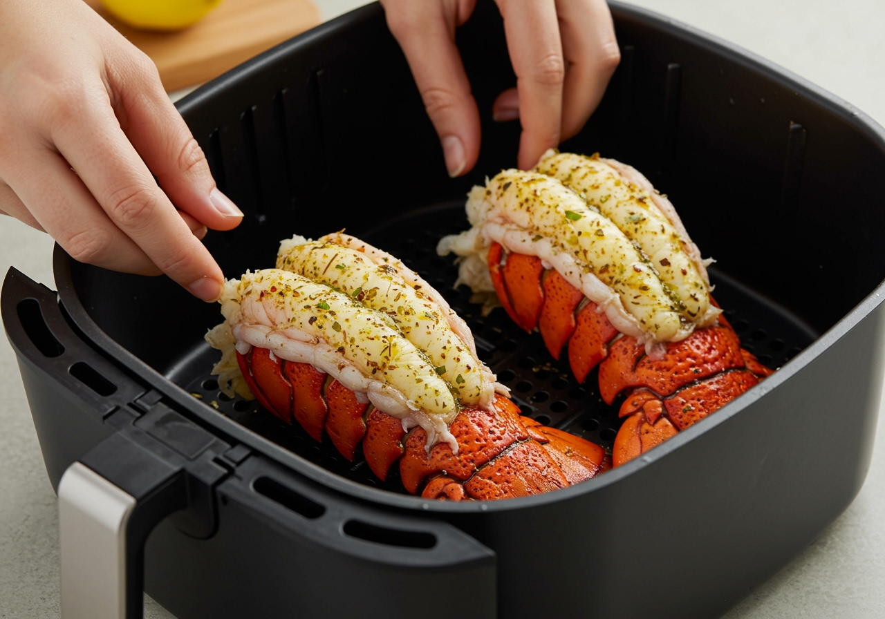 Seasoned and buttered lobster tails being placed into an air fryer basket.