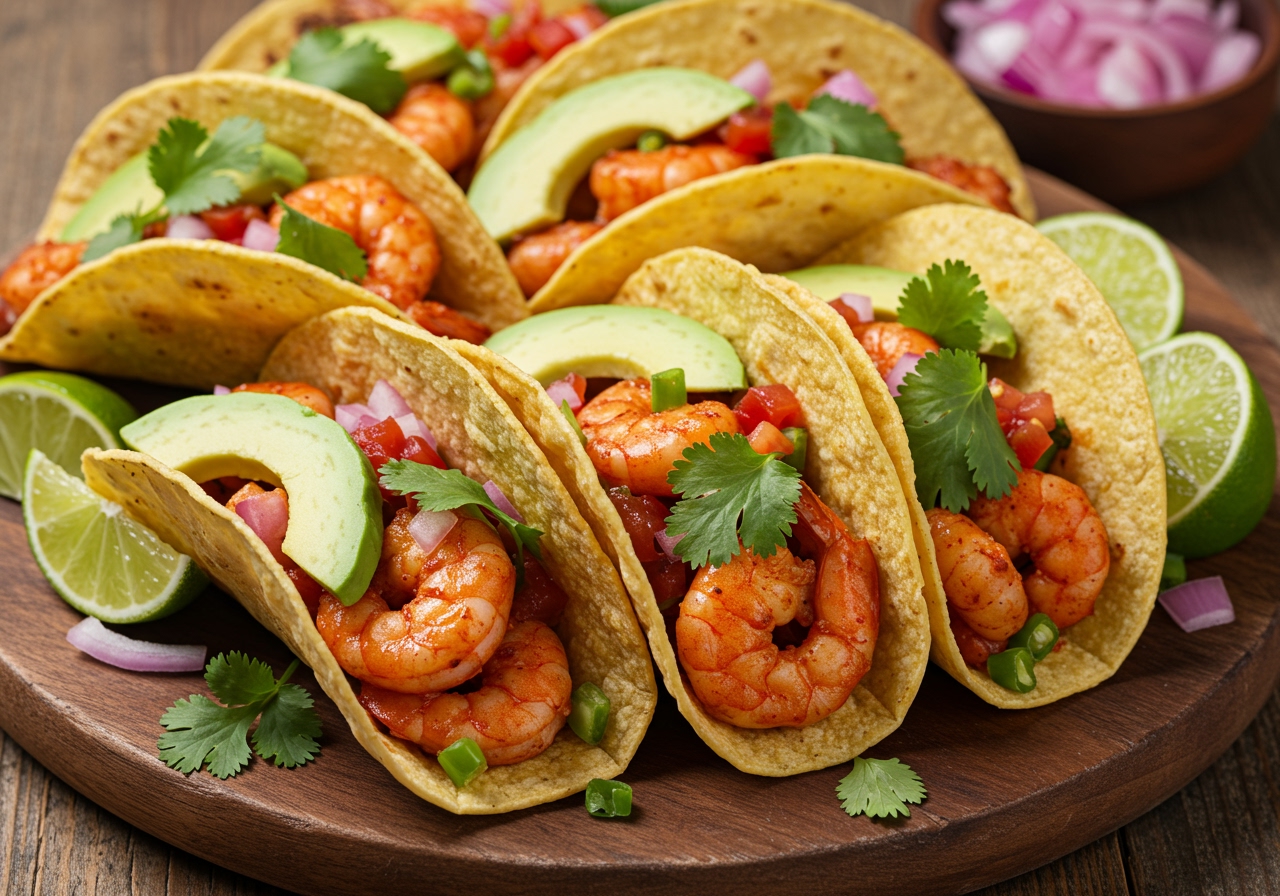 Several completed spicy shrimp tacos with colorful toppings like avocado, cilantro, and salsa, arranged on a serving platter.