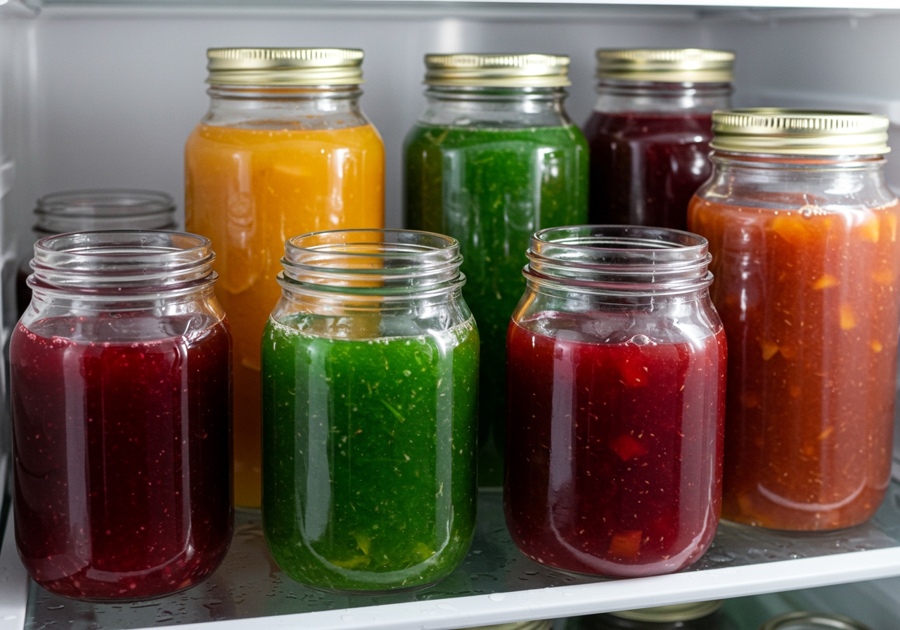 Several different sized glass jars filled with vibrant homemade syrups, neatly arranged on a refrigerator shelf.