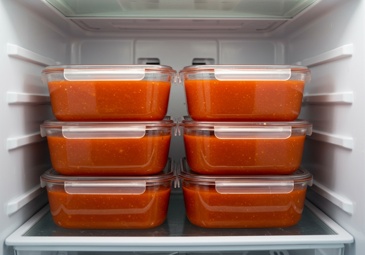 Several glass containers filled with cooked tomato soup, stacked neatly in a refrigerator.